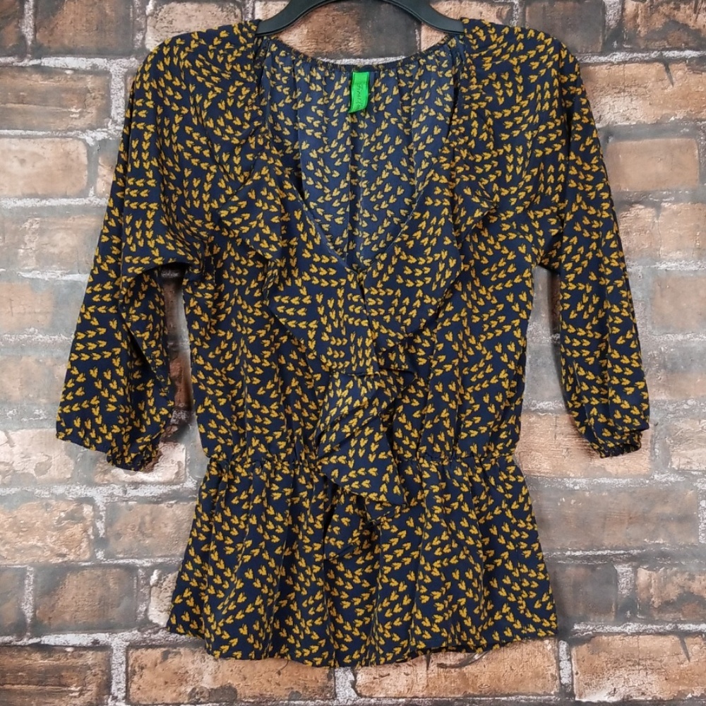 First Love| Navy & Yellow Ruffle Front Peplum Top